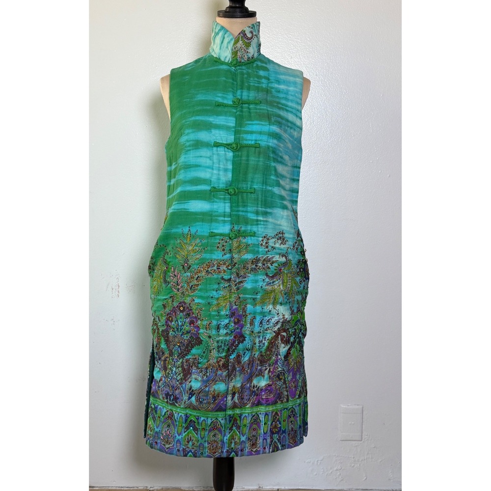 Asian-Inspired Beaded Paisley Long Vest Tunic Frog Closure Boho